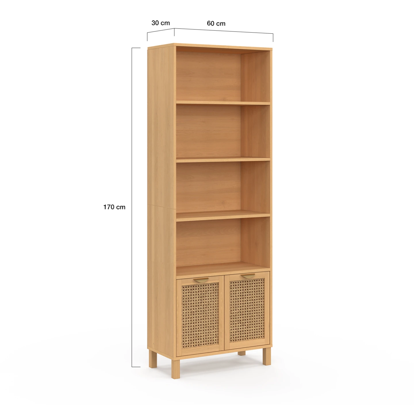 Etagère bibliothèque 4 niveaux avec placard EDHEN cannage et bois