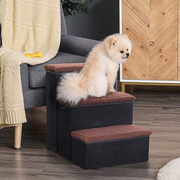 Pet Stairs Sammenleggbare Kattetrapper/Hundetrapper Med 3 Trinn Og Oppbevaringsplass, For Katter Og Hunder, Mdf, Svart, 40X54X48Cm