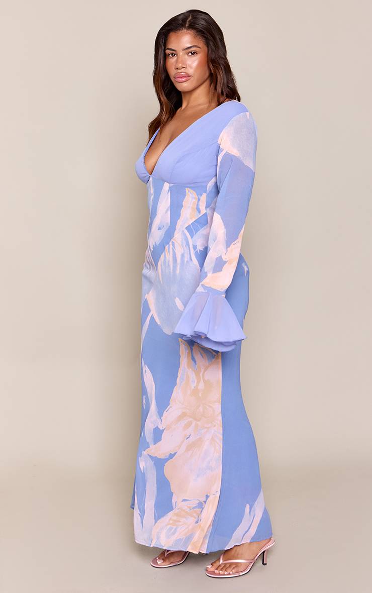 Bleu Robe Maxi À Décolleté Plongeant Avec Manches Évasées Et Imprimé Floral Ajustée