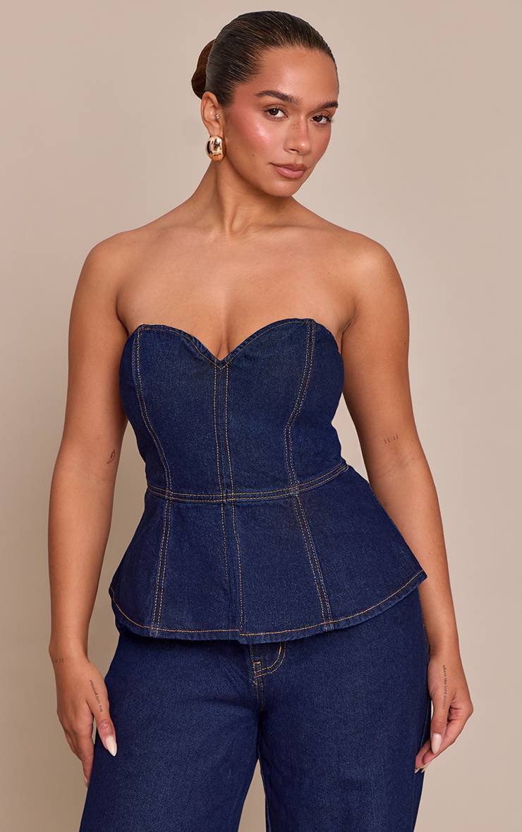 Bleu Indigo Top En Denim À Basque Col Cœur Shape