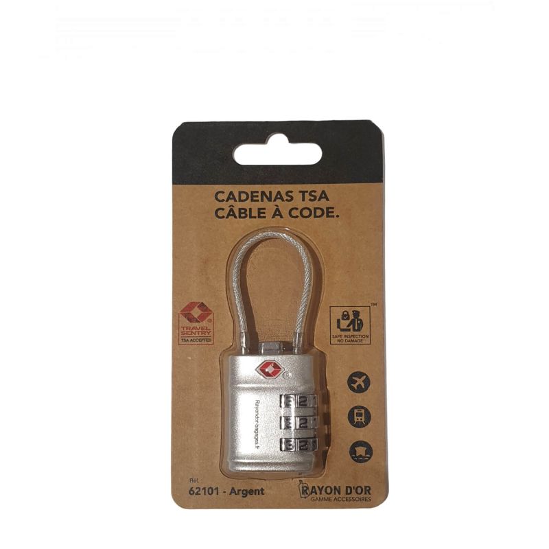 Cadenas TSA à 3 chiffres avec câble 62101 Silver