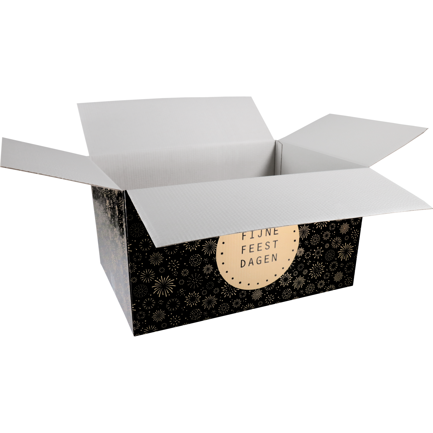 Kerstpakketdoos, Vuurwerk, golfkarton, 55x39x30cm, Kerstmis, e, zwart/goud