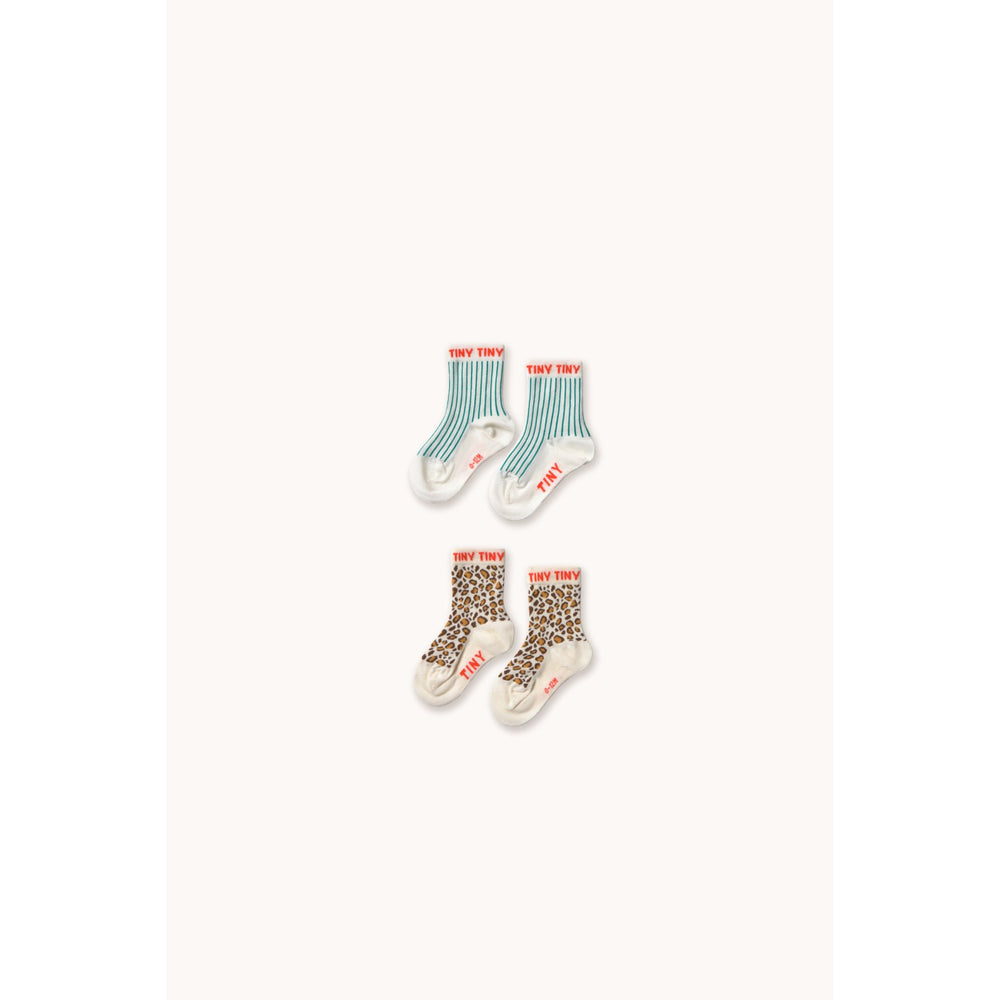 Køb TinyCottons Light Cream/Off White Animal Print & Fine Stripes Medium Strømper