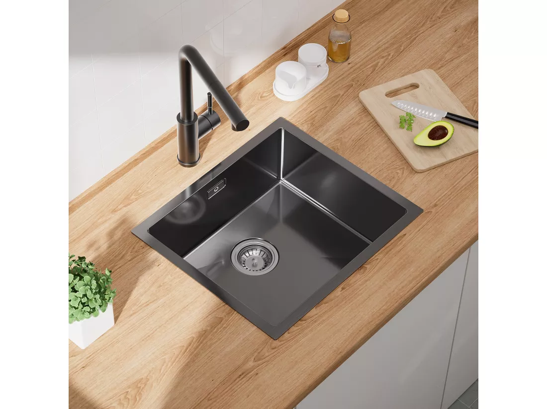CECIPA MAX Évier de Cuisine 1 Bac Évier Inox 50*44CM Noir Anthracite + Mitigeur de Cuisine en Inox Noir étoilé avec Bec Haut et Incurvé