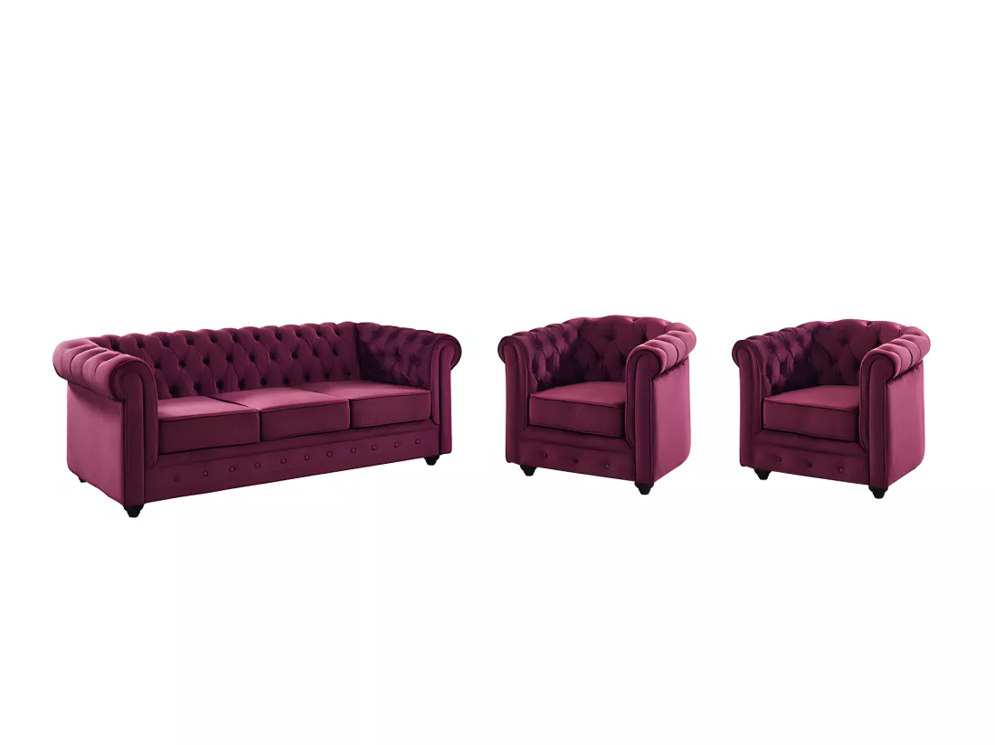 Canapé 3 places et 2 fauteuils CHESTERFIELD - Velours pourpre