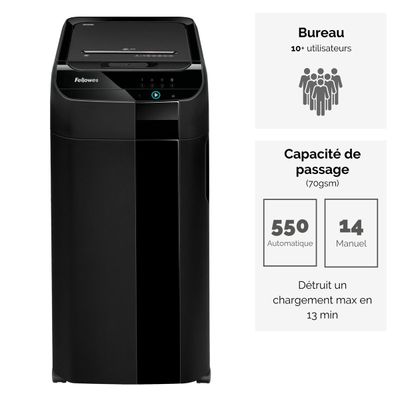 Fellowes AutoMax 550C - destructeur de documents coupe croisée - 550 feuilles - Corbeille 83 litres - anti-bourrage - destruction silencieuse