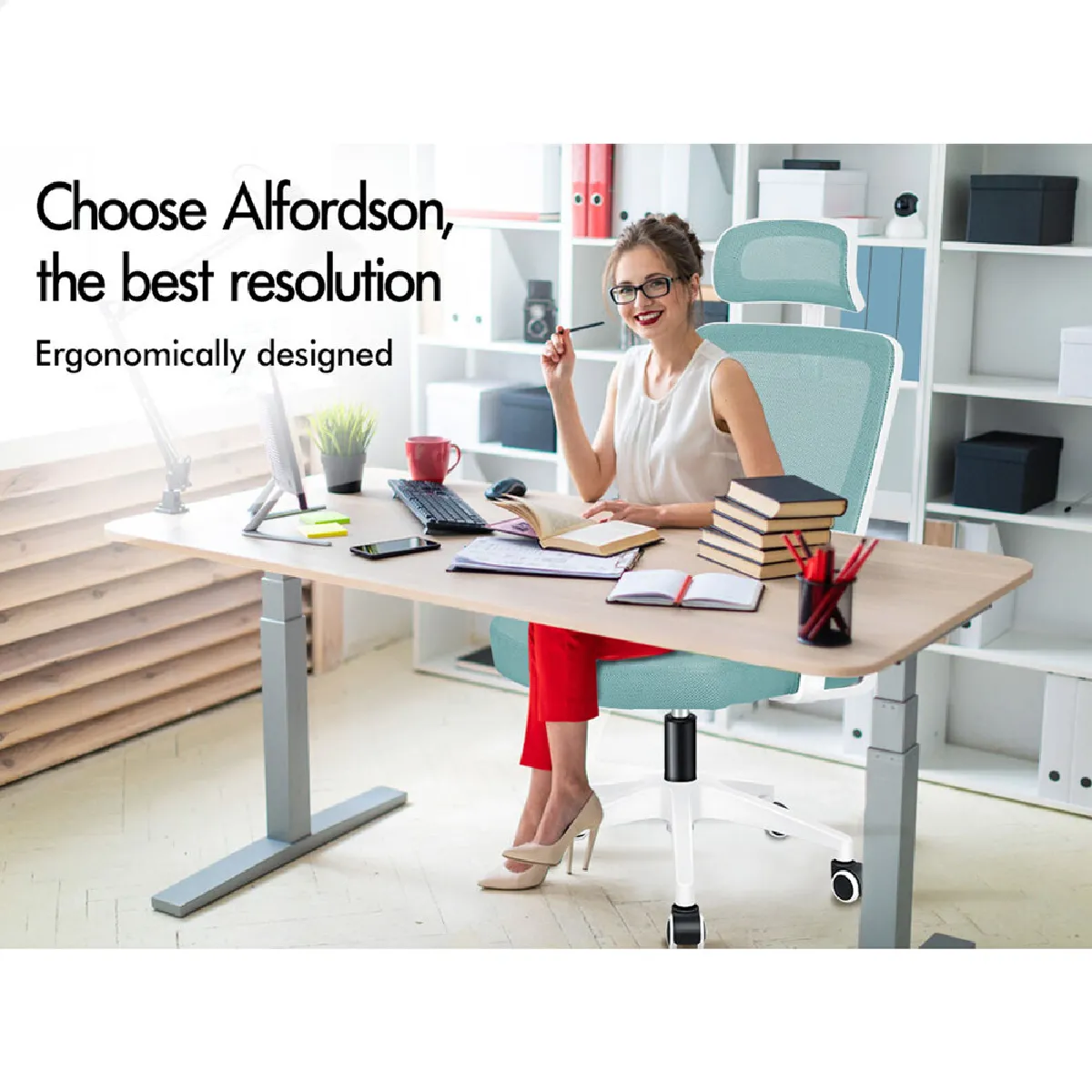 Alfordson Chaise de bureau - Cyan et Blanc