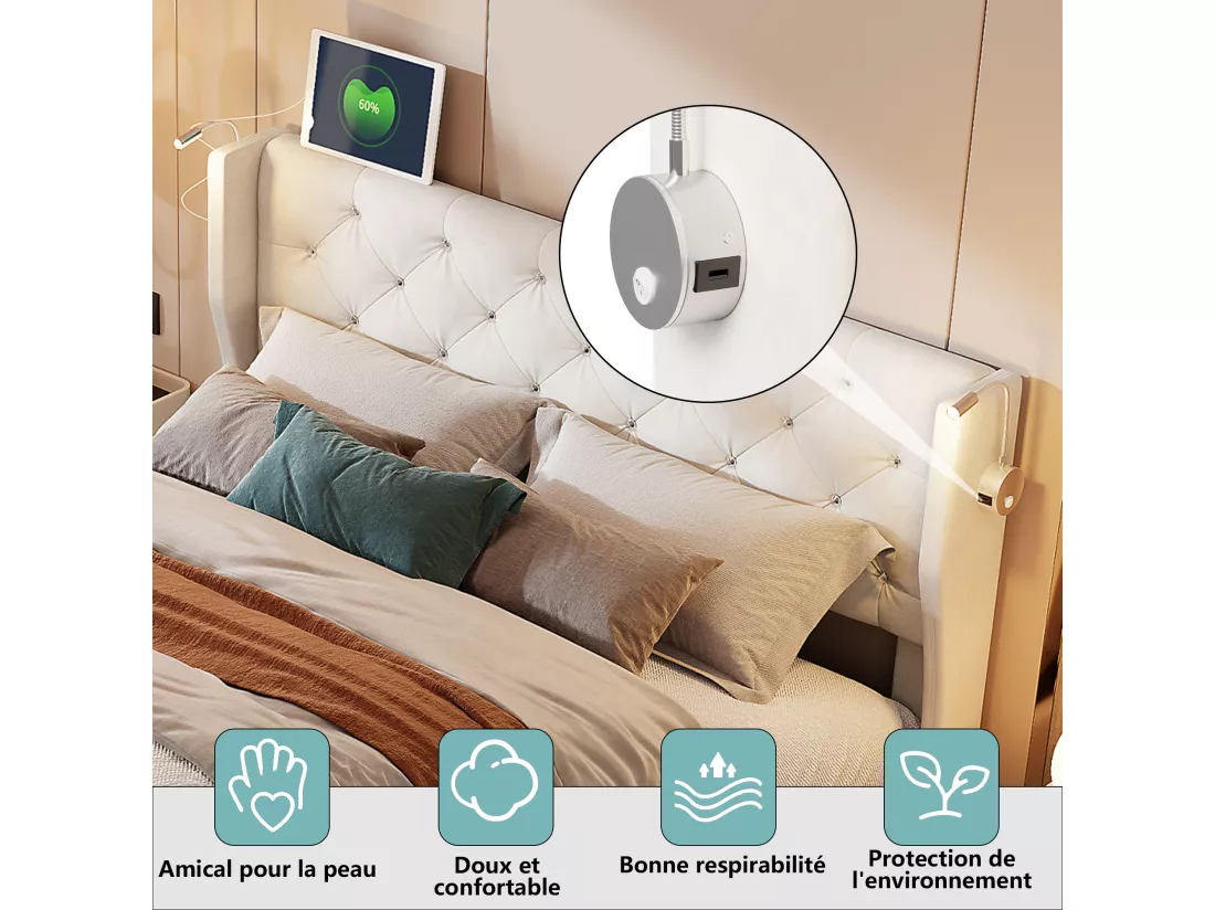 Lit coffre 140x190cm avec rangements, avec tête de lit, liseuse avec chargement USB, sommier à lattes, cadre de lit, lit double style contemporain, Beige