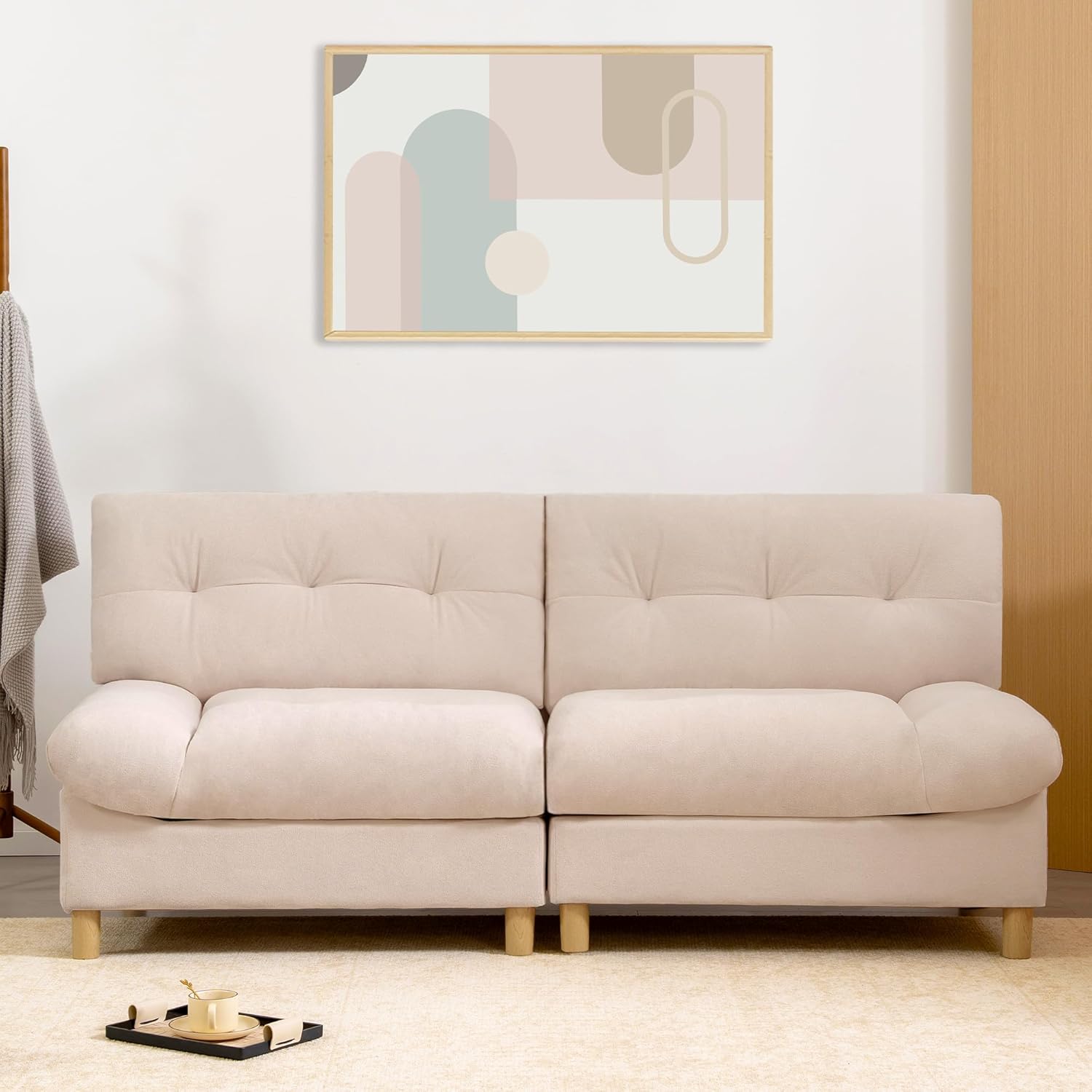 Luxuriöses Sofa in Wolkenform, 201cm Bequemes Teddy-Samtstoff Sofa mit großen Sitzkissen und Rückenlehne, Modernes Polstersofa, Getuftetes Kleine Couch für Wohnzimmer/Schlafzimmer/Büro/Wohnung, Beige