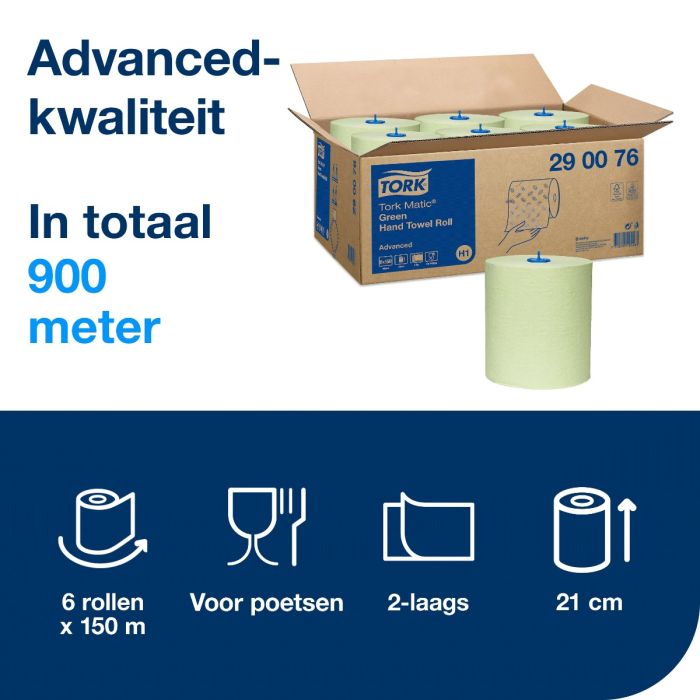 Tork 290076 6st Advanced groen handdoekrol 2-lgs  150 mtr x 21 cm doos à 6 rol (290076)