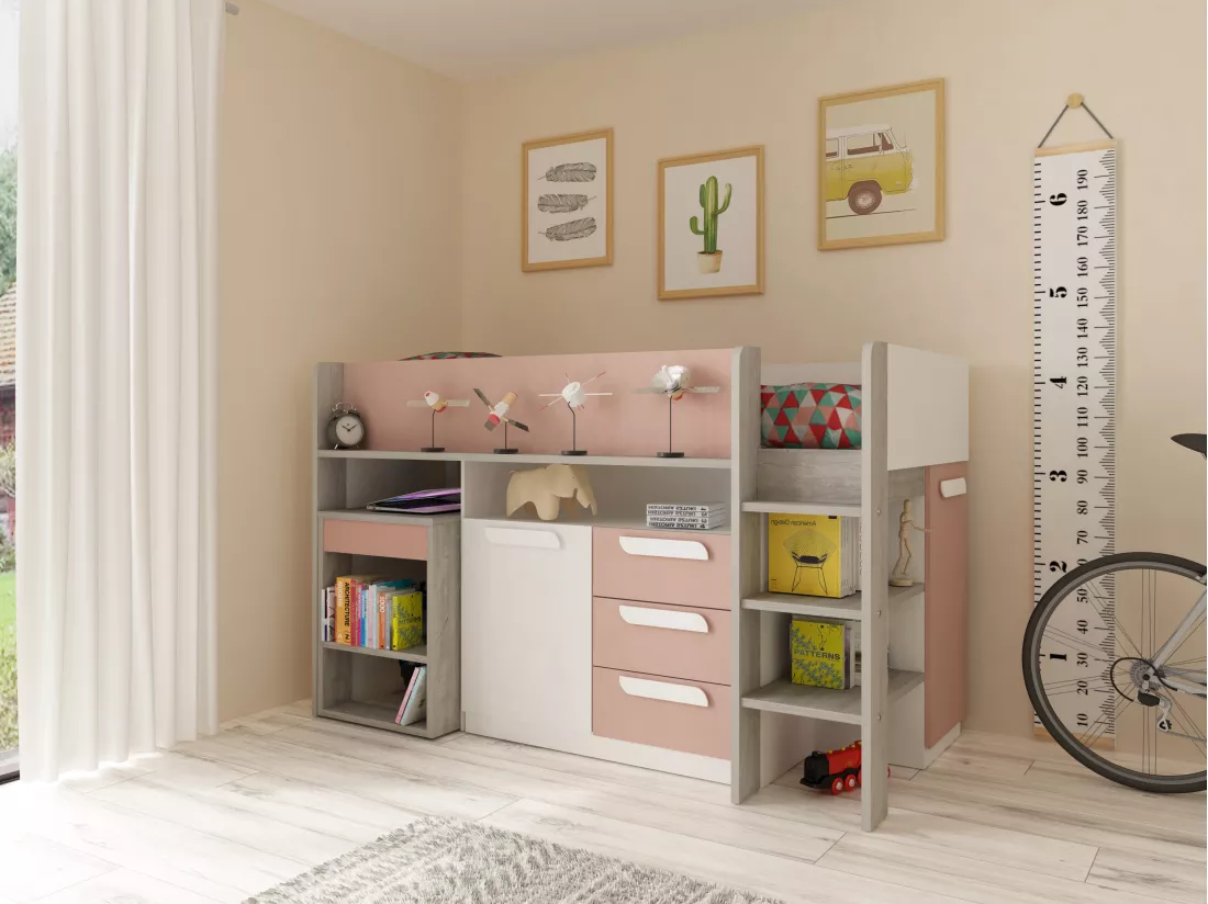 Lit combiné 90 x 200 cm - Avec bureau et rangements - Rose, naturel et blanc - LOUKALA