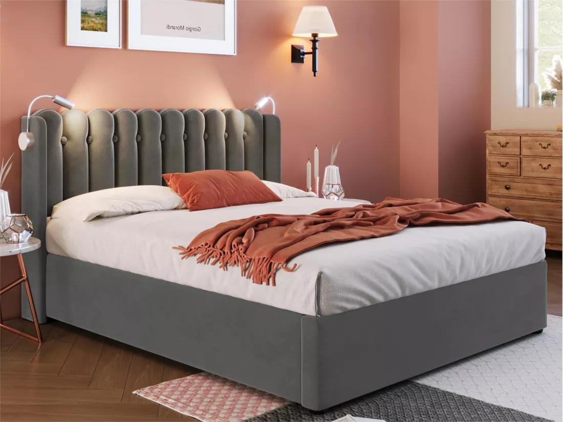 Lit coffre capitonné avec LED et Ports de charge USB - 140x200cm - tissu en velours - avec sommier à lattes - Gris
