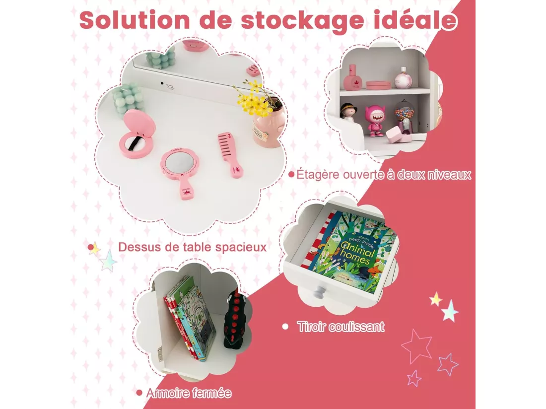 2 en 1 Bureau Enfants avec Chaise & 120 Lumières LED, Coiffeuse Enfants Fille avec Miroir Acrylique, 2 Etagères & Tiroir, Dispositif Anti-basculement, Charge 50kg pour Enfants de 3 Ans+