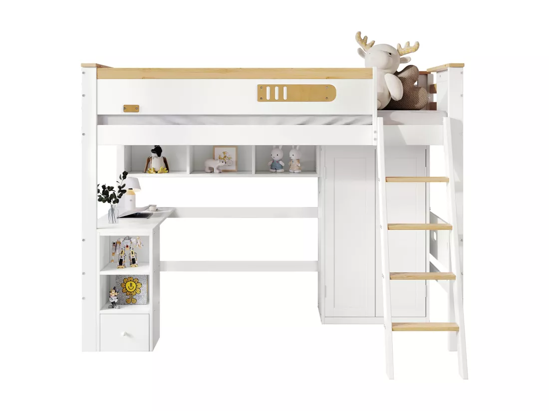 Lit mezzanine 90 x 200 cm avec bureau, armoire et étagères de rangement - Pin+MDF+contreplaqué - Blanc et naturel