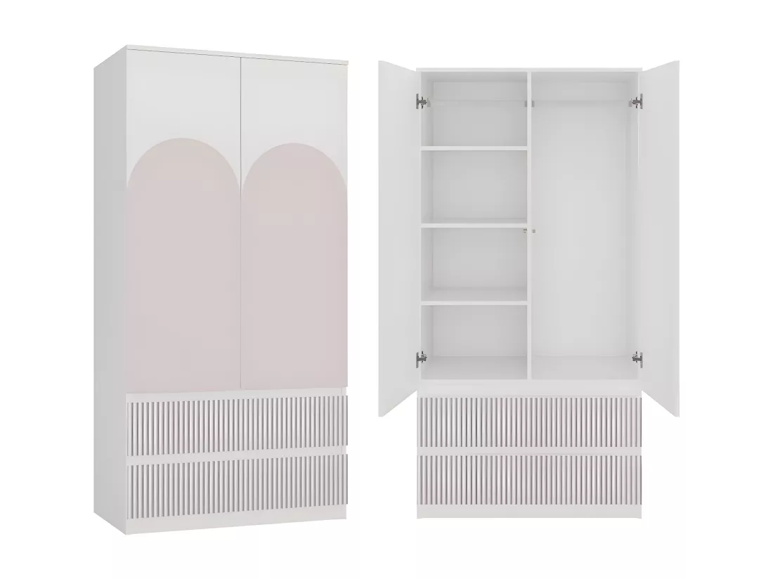 TURIN | Armoire moderne chambre enfant rose | Penderie multifonctions | 2 portes + tiroirs | Dressing | Système TIP-ON
