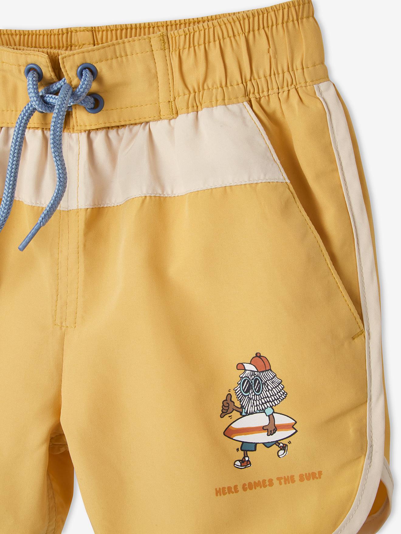 Calção de banho infantil bicolor com estampa de surf, amarelo claro liso.