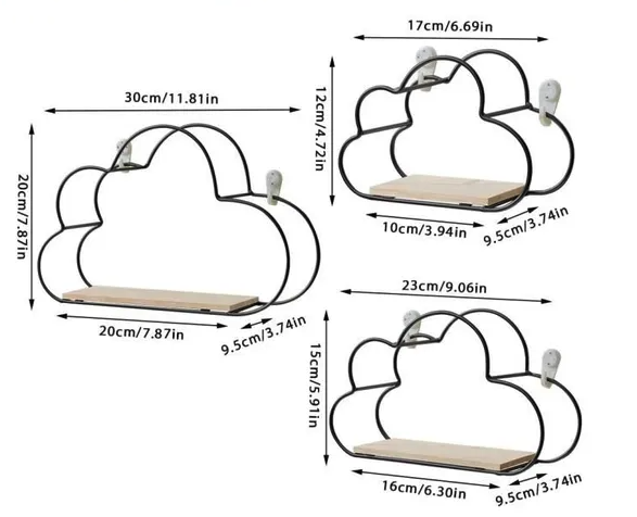 (3er Set) Metall Wandregal Home Deko Wolken Schwebe Regal inkl. Befestigungsclips - Gold