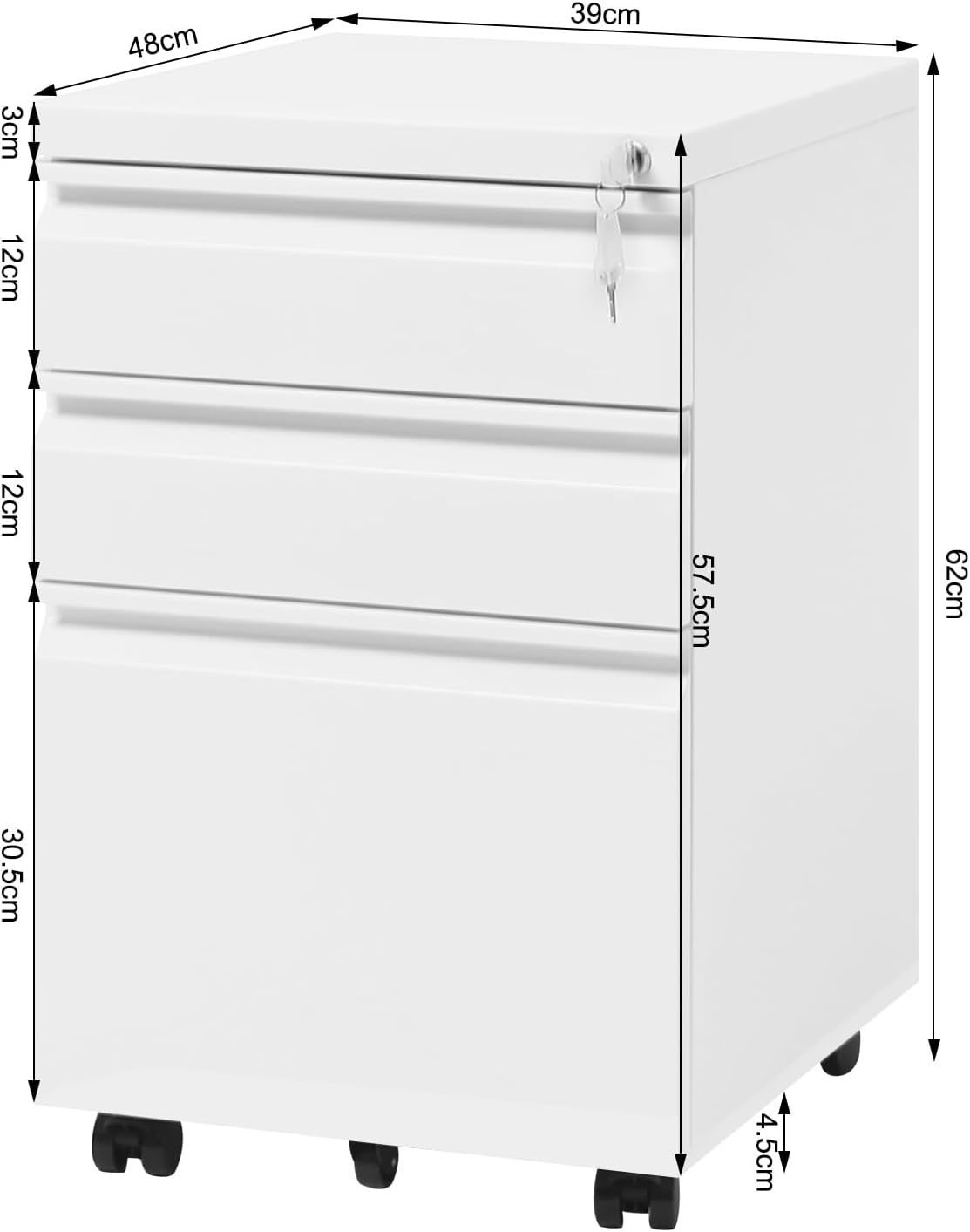 WOLTU Rollcontainer, abschließbarer Aktenschrank, mit 3 Schubladen, Schreibtisch Unterschrank, mit Rollen, 39x62x46 cm, weiß