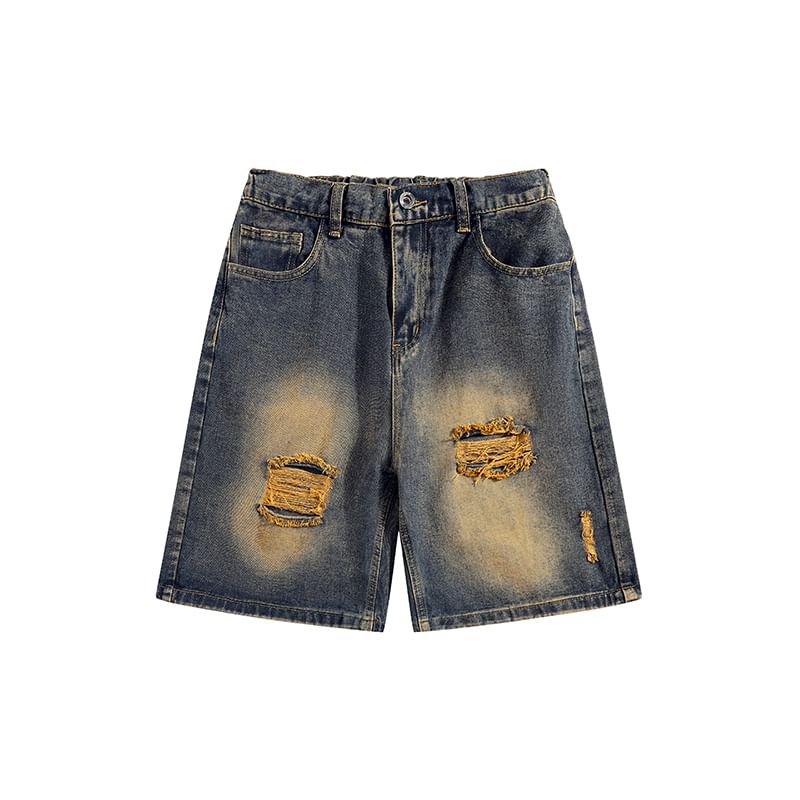 Breeson - Low Rise Washed Distressed Wide Leg Denim Shorts