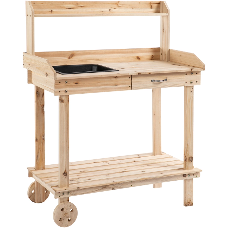 Outsunny Gärtnertisch mit Waschbecken und Rollen holz