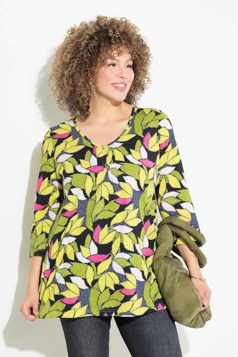 Shirt, Blätter, A-Linie, V-Ausschnitt, 3/4-Arm