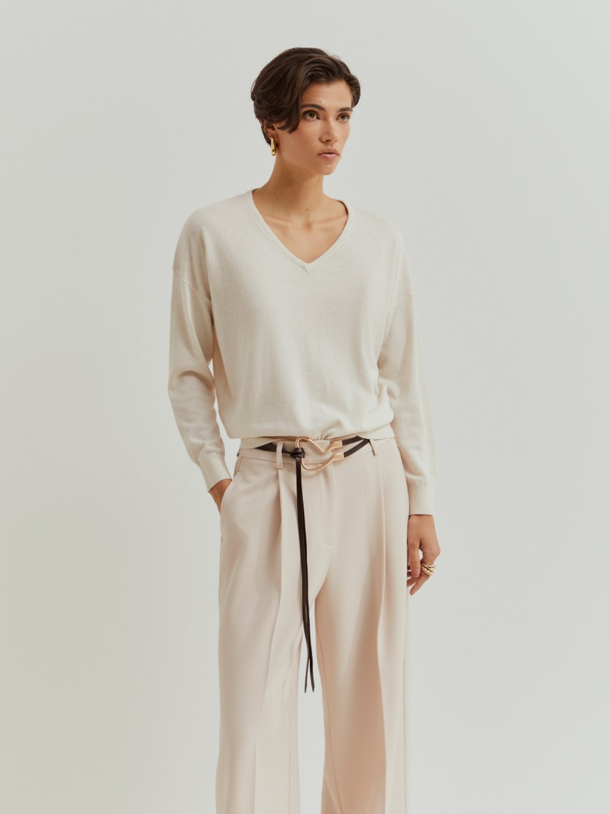 Pullover decote em V com algodão e lã