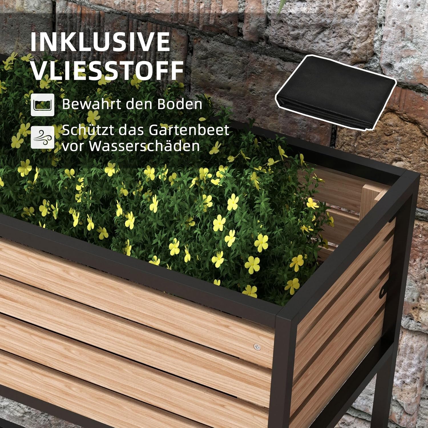 Outsunny Hochbeet aus Holz, 2-Stufiger Blumenkasten mit Ablage, Erhöhtes Gemüsebeet mit Innenvlies, Kräuterbeet für Garten, Balkon, Hellbraun, 83 x 39 x 100 cm
