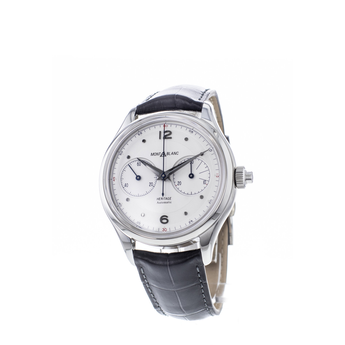 Montre d'occasion Montblanc Heritage homme chronographe automatique acier bracelet cuir noir