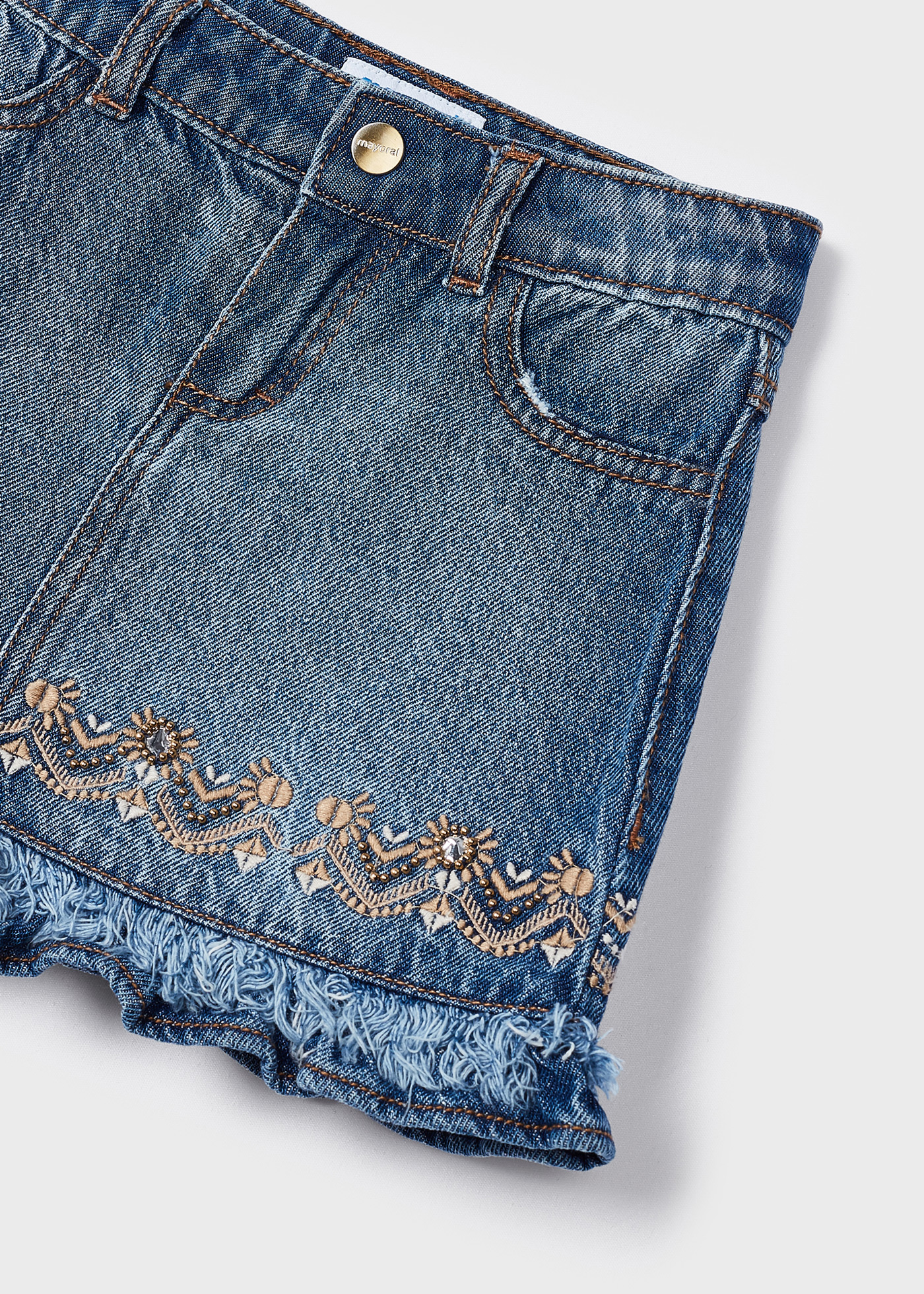 Saia jeans com bordado em algodão para meninas