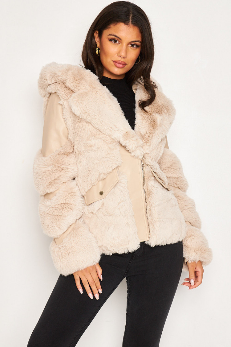 Veste beige simili cuir et fausse fourrure