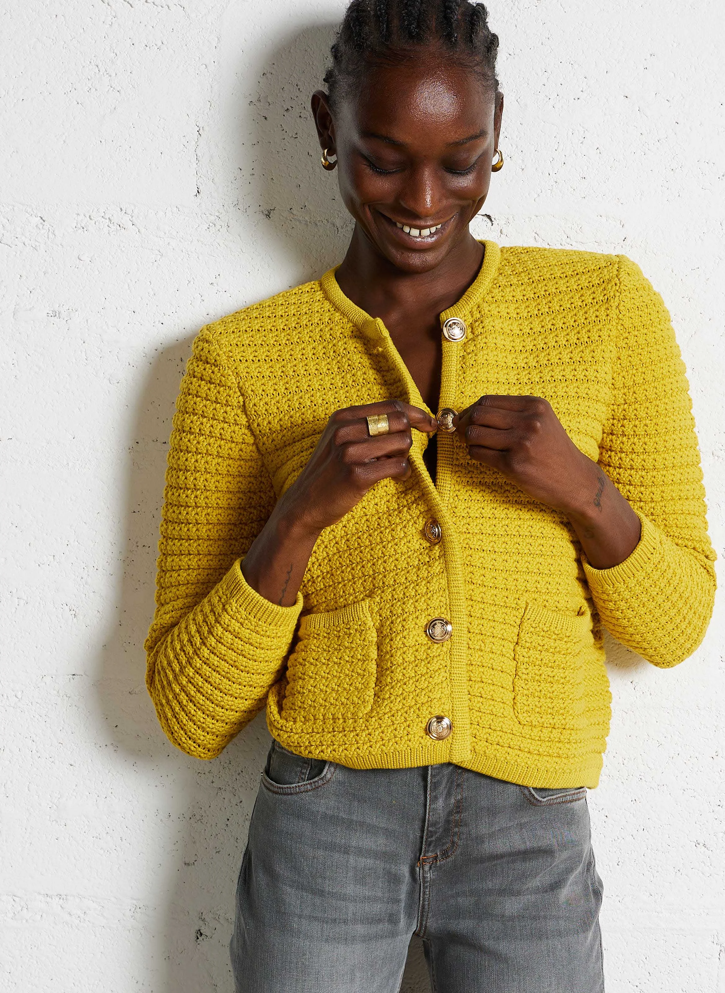 GASPARD - Gilet droit col rond en coton mélangé | Jaune