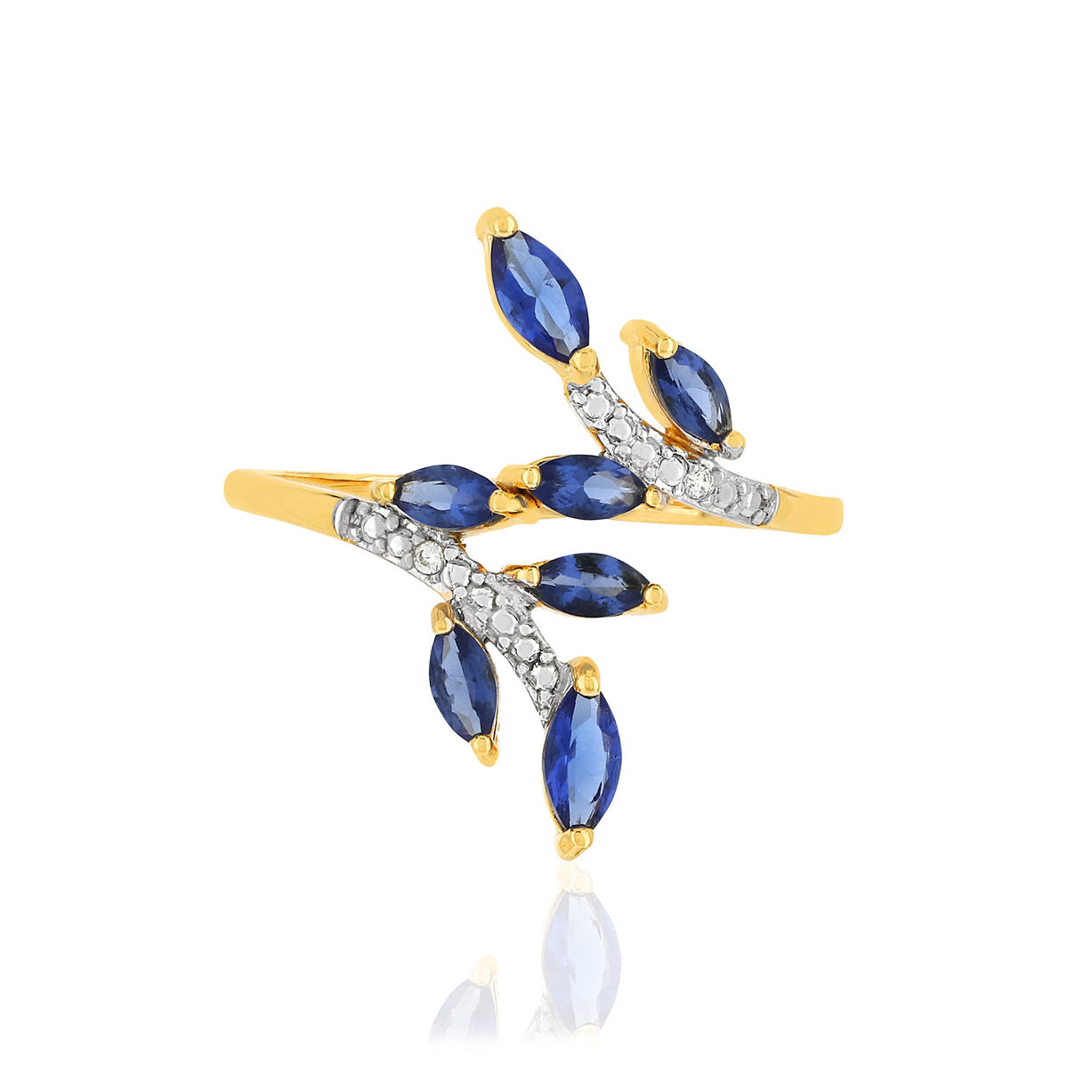 Bague or 375 2 tons feuilles saphirs taille marquise et diamants