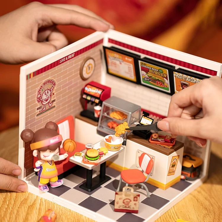 (110-tlg. Set) Rolife Super Store Modell Bausatz DIY Miniatur Restaurant für Smiski Figuren (DW010) - Yum Yum Burgers