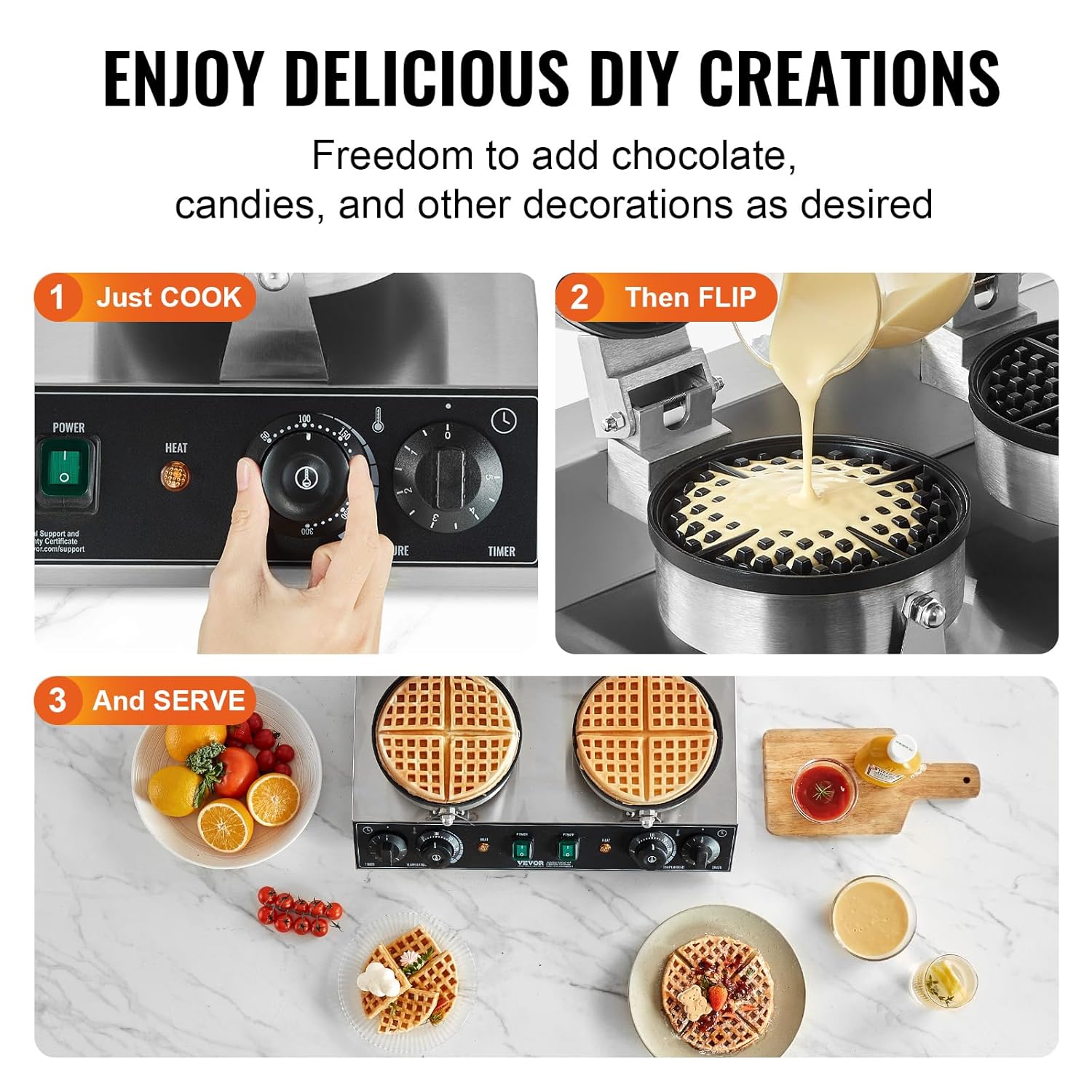 VEVOR kommerzielles rundes Waffeleisen mit Doppelkopf 2460 W, belgisches Waffeleisen mit antihaftbeschichteten Backfläche, Temperatur- und Zeitregelung, für Restaurant Bäckerei Snackbar