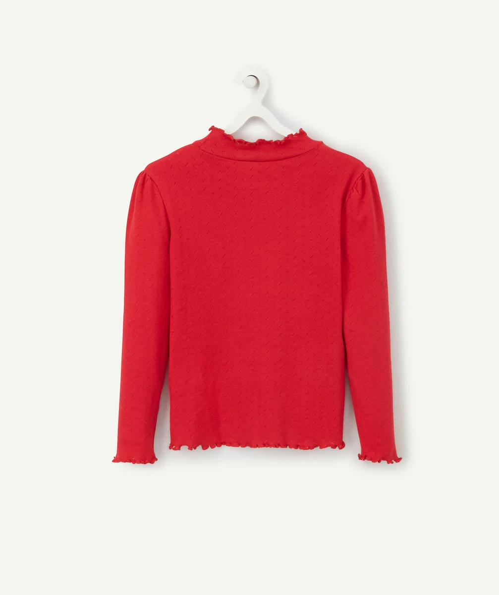 SOUS PULL COL MONTANT VOLANTÉ ROUGE FILLE EN COTON BIO