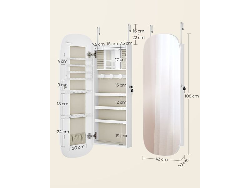 Songmics Schmuckhalter Spiegel zum hängen 10 x 42 x 108 cm, Schmuckschrank