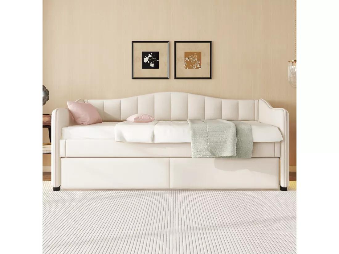 Lit banquette 90x200cm avec LED + lit gigogne 90x190cm - rembourré en tissu lin - Beige (matelas non inclus)