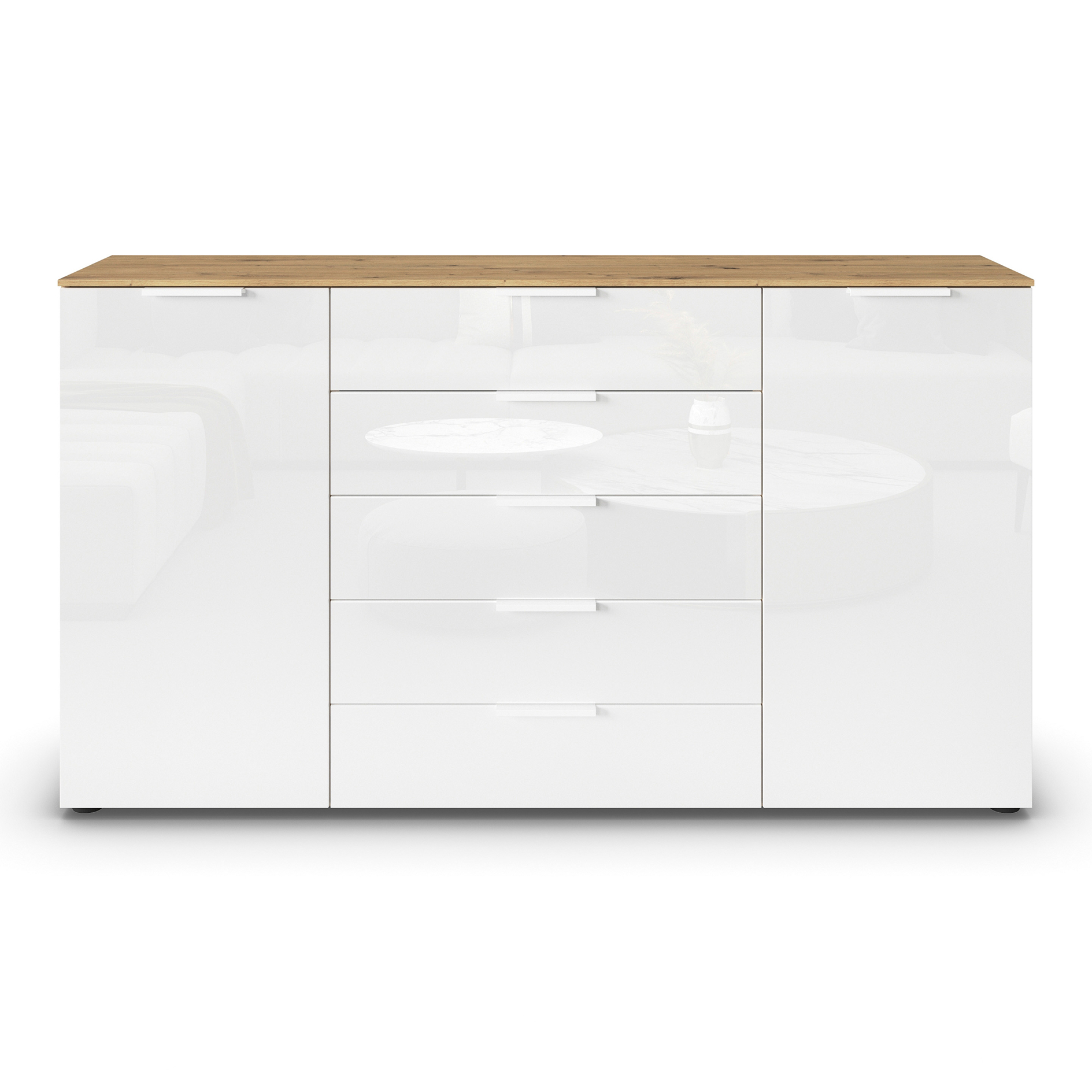 Kommode - Artisan Eiche-Kristallweißglas - weiße Griffe - 180 cm