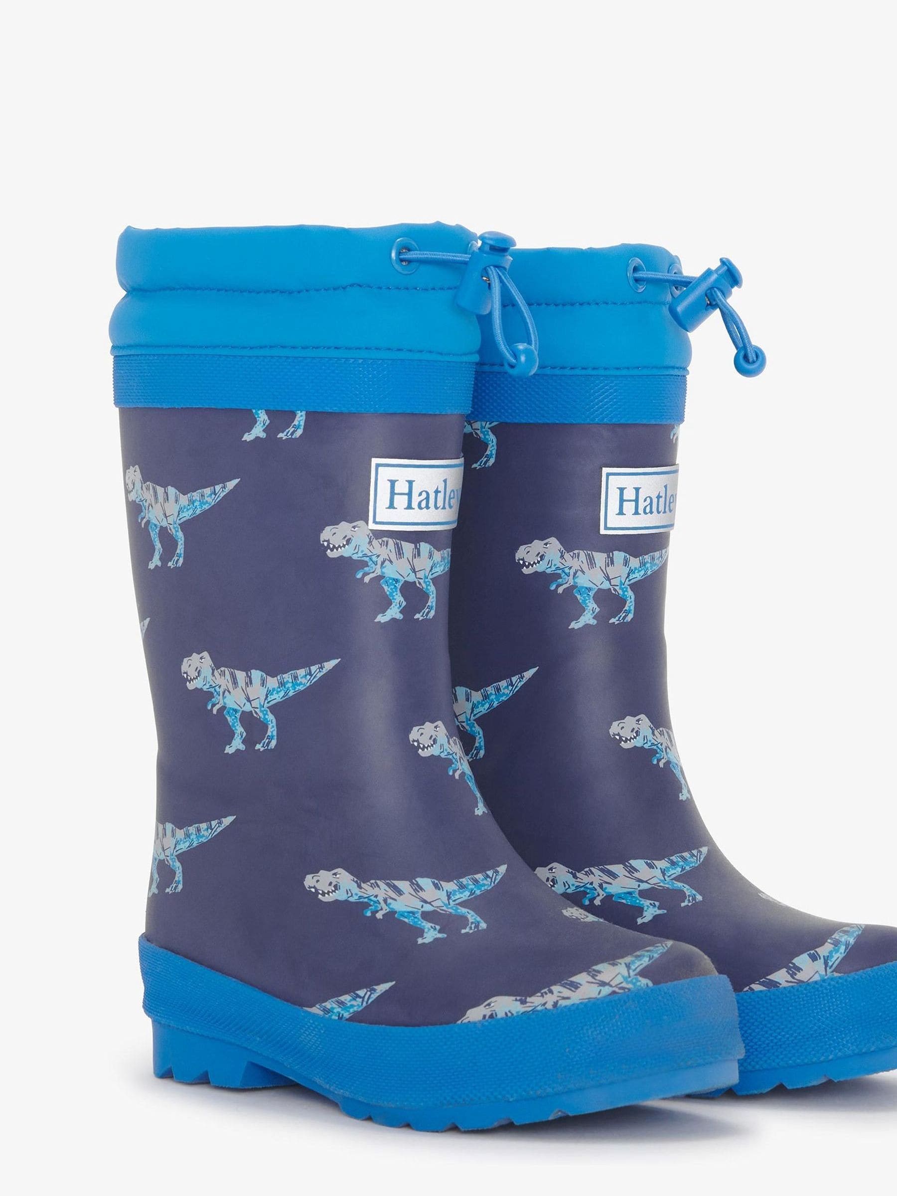 Hatley blauwe T-Rex dinosaurus aanval met sherpa gevoerde waterdichte regenlaarzen