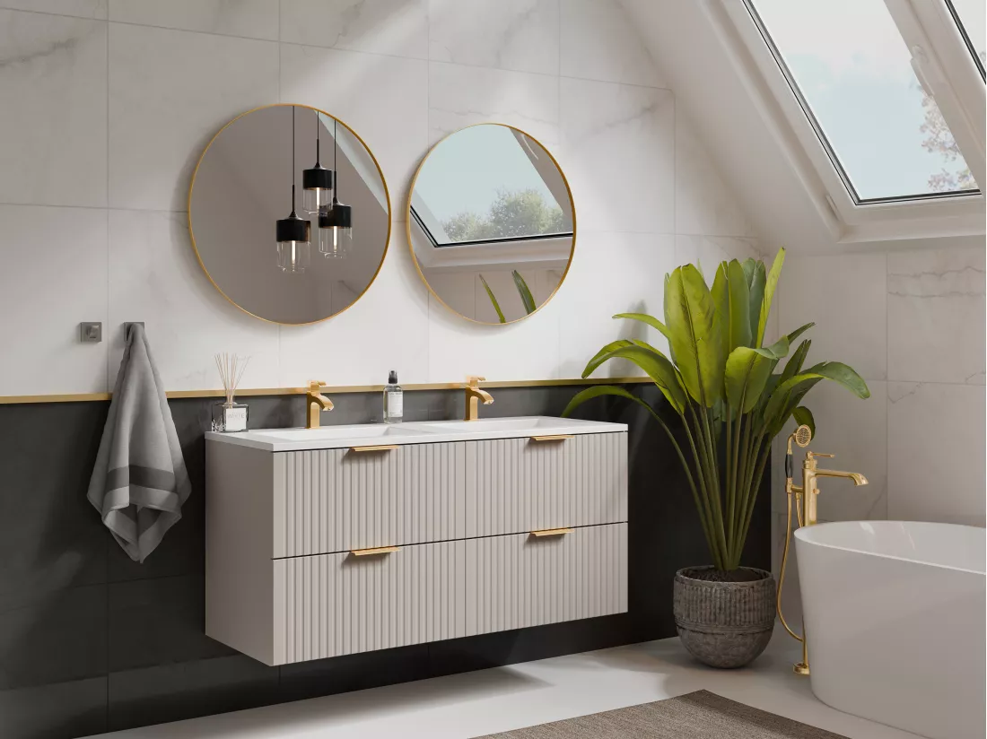 Meuble de salle de bain suspendu strié avec vasque à encastrer - Beige - 120 cm - ZEVARA
