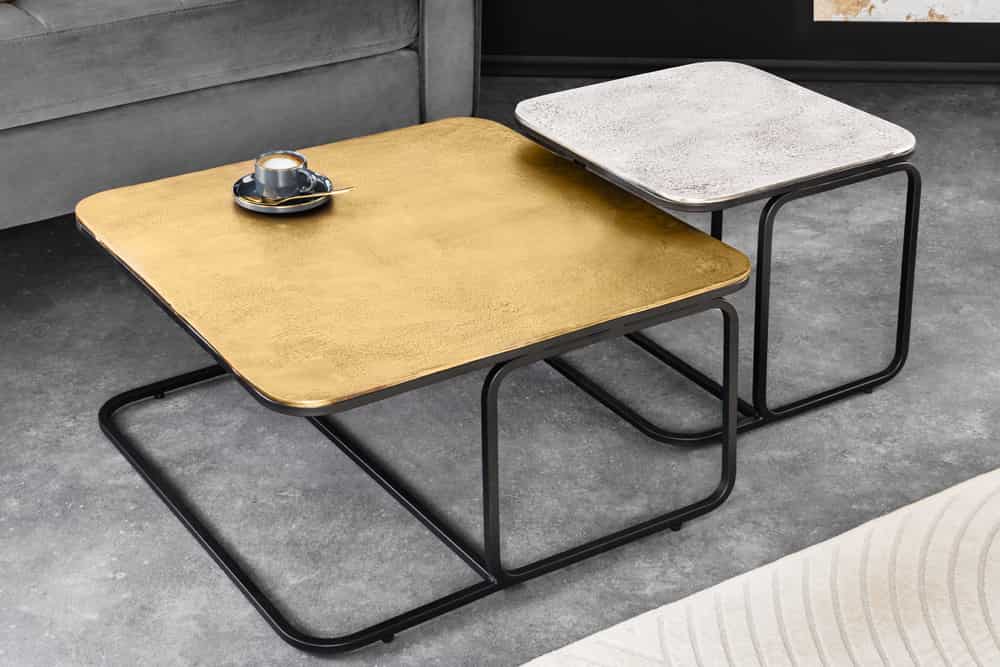 2er Set Couchtisch ABSTRACT 60cm gold silber schwarz Metall handmade