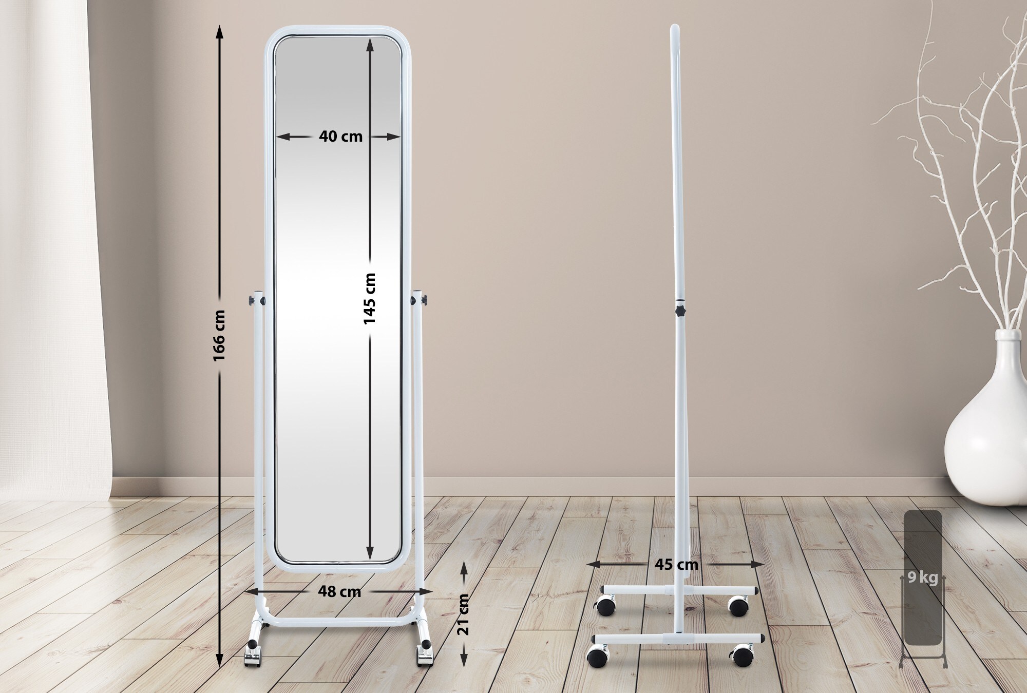 CLP Standspiegel Medusa Eckig I Rechteckig 166x48cm I Kippbar Und 360° Drehbar, Rollen Mit Stoppfunktion, Metallrahmen, Für Wohnzimmer Und Flur