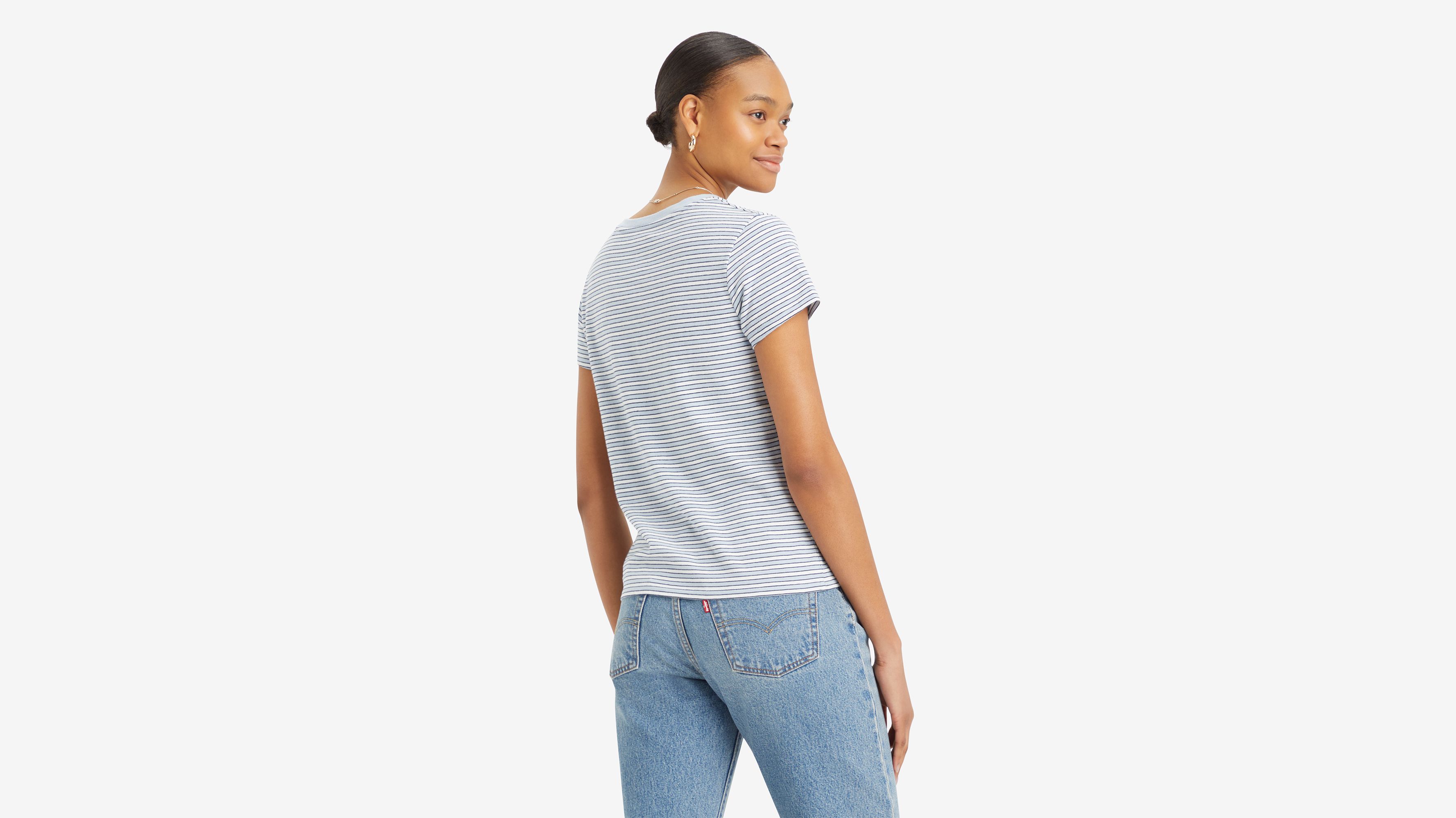 T-shirt Perfect col V - Penny Stripe Kentucky Blue - Bleu