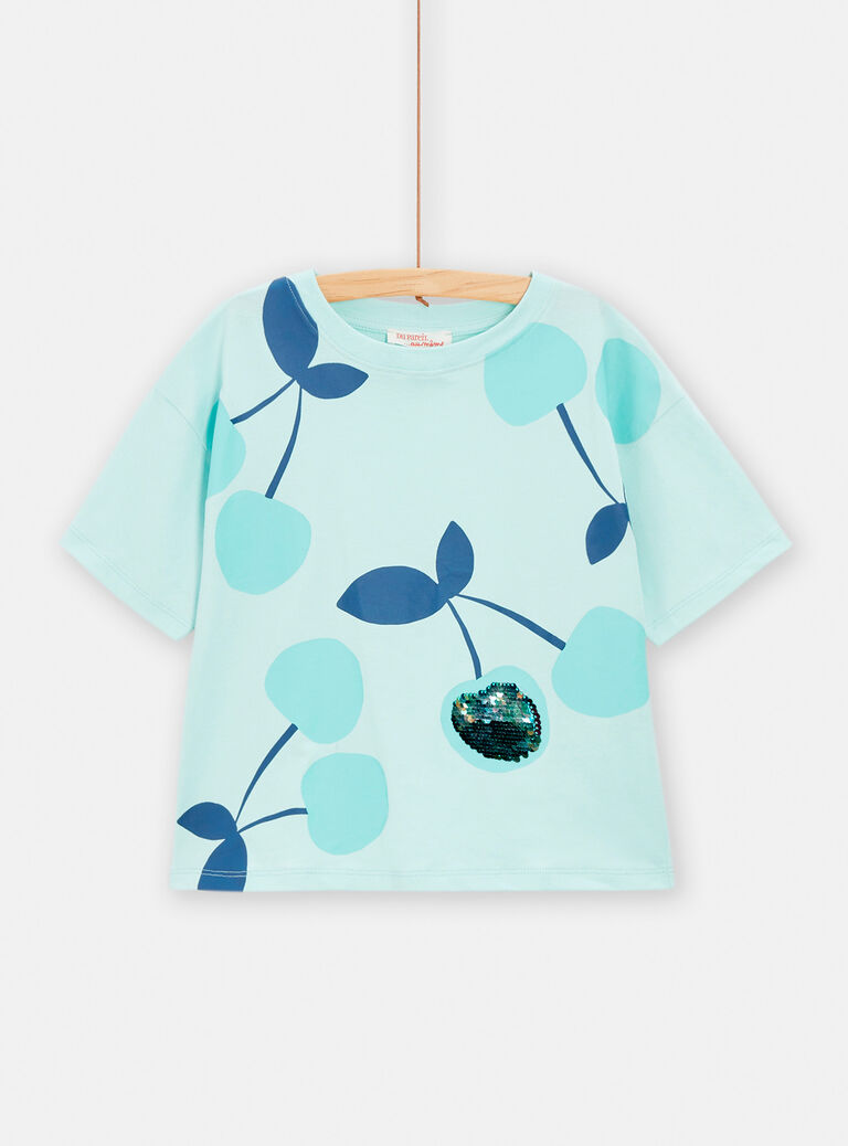 T-shirt bleu à sequins imprimé cerise pour fille