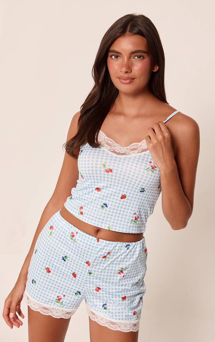 Bleu Layette Ensemble Pyjama Court À Carreaux Vichy Imprimé Baies Avec Finition Dentelle