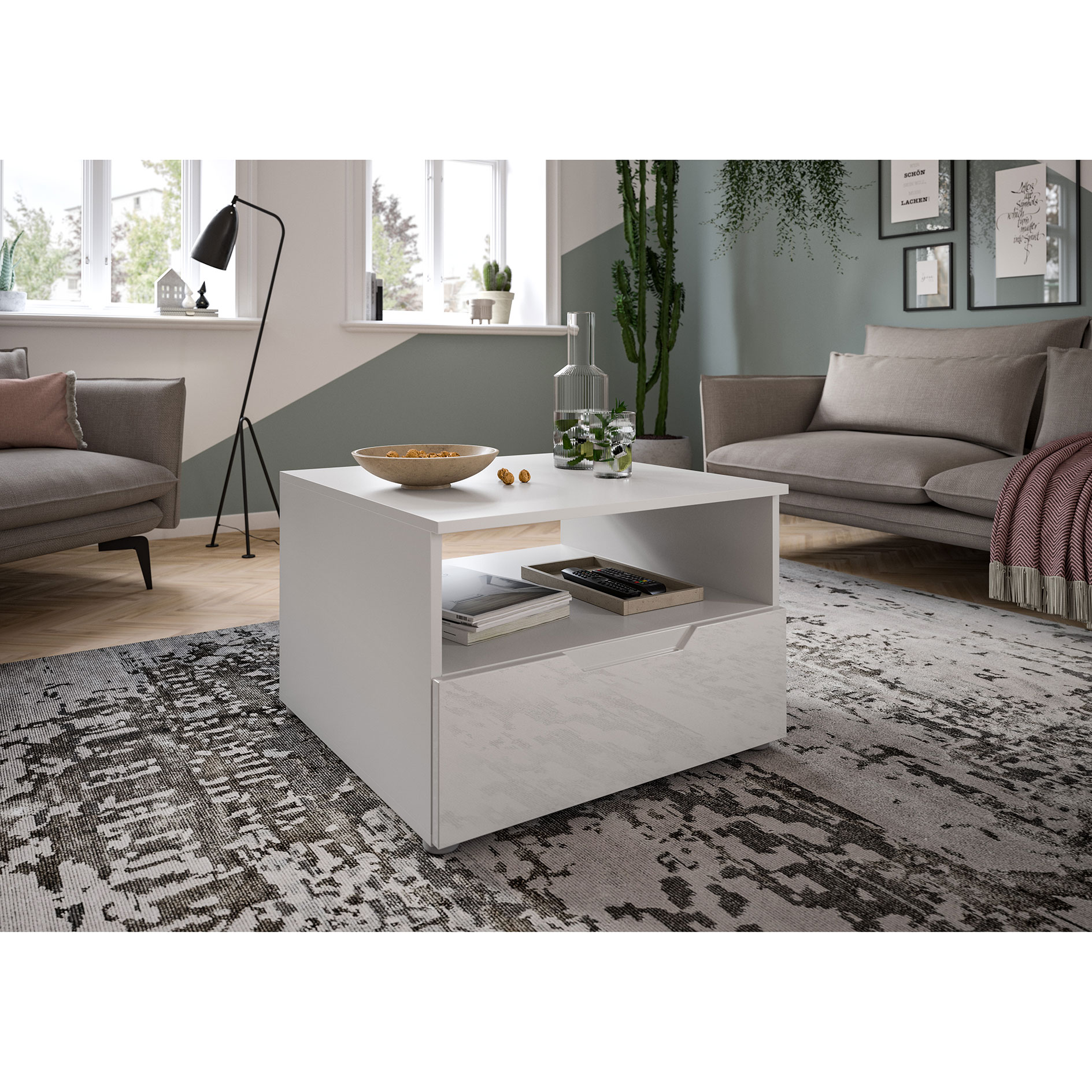 Couchtisch - weiß Hochglanz - mit Schubkasten - 66 cm