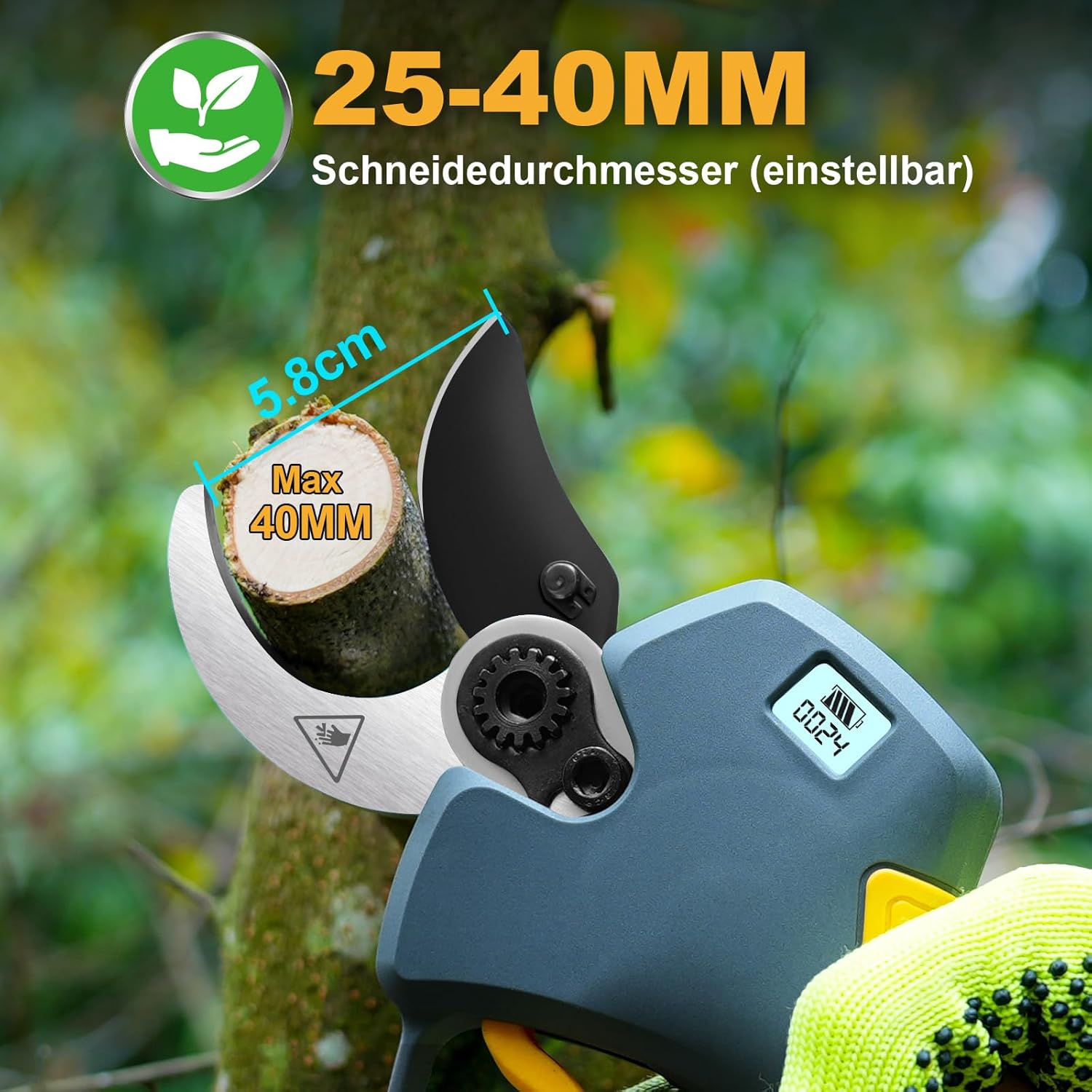 40mm Elektrische Gartenschere Akku Astschere mit 2x 2.0Ah Batterien 800W Bürstenlosen Motor LCD-Anzeige Schere für Garten Hecken und Sträucher, Kompatibel mit 18V Akkus (PR-E40)