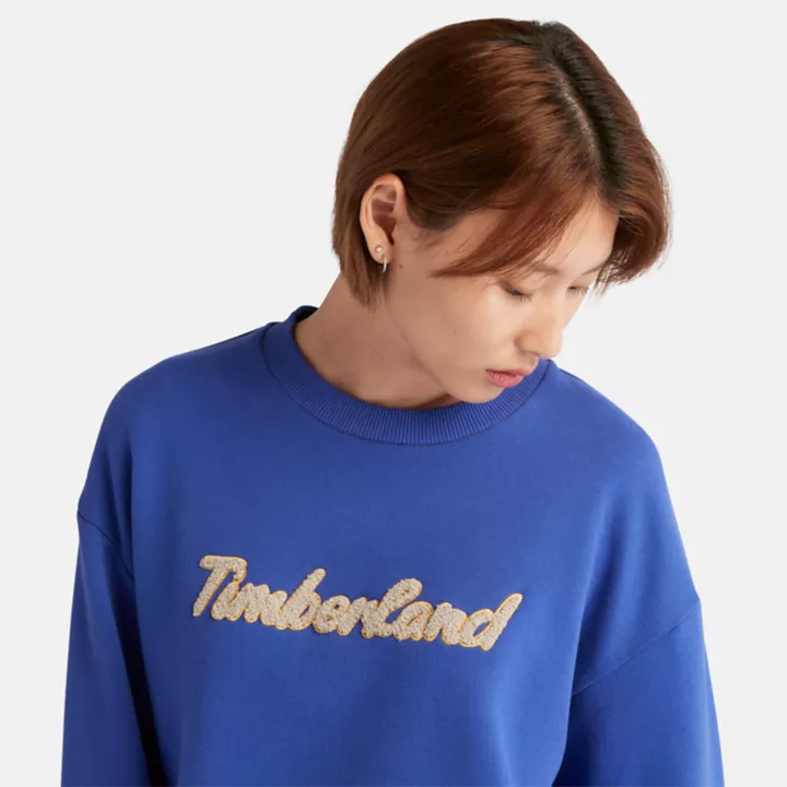 Moletom feminino com gola redonda e logo na cor azul.
