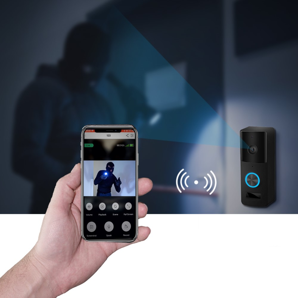 Drahtlose 720p WiFi Video Türklingel Türsprechanlage Nachtsicht Funktion   Bewegungserkennung   Optischer Klingel für iOS/Android (IP65) - Schwarz