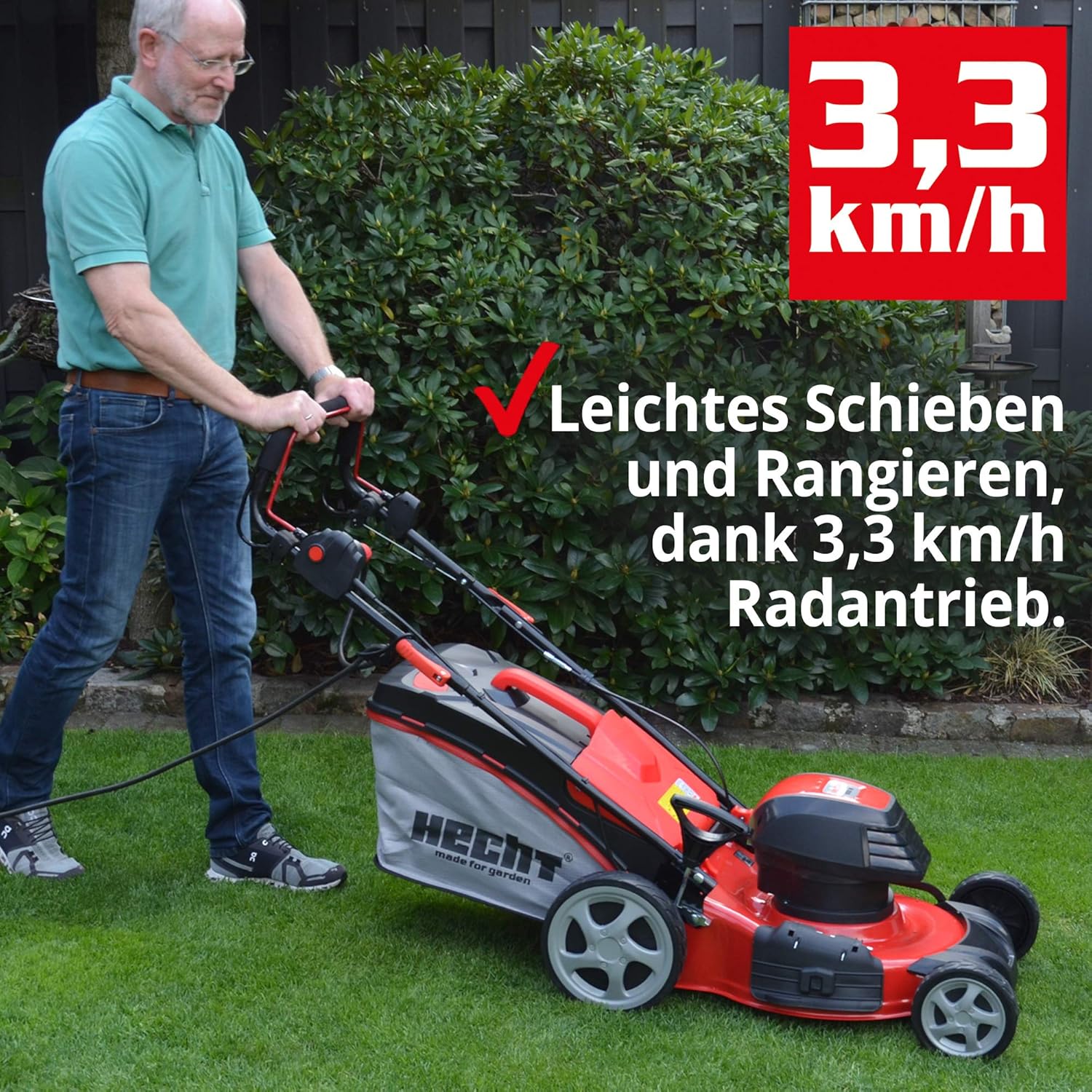 HECHT 5-IN-1 Elektro Rasenmäher mit 1.800 Watt Motor, 46 cm Schnittbreite, Radantrieb, Mulchfunktion, zentrale 7-Fach Schnitthöheneinstellung und 50 Liter Fangkorb für einen schön gepflegten Rasen